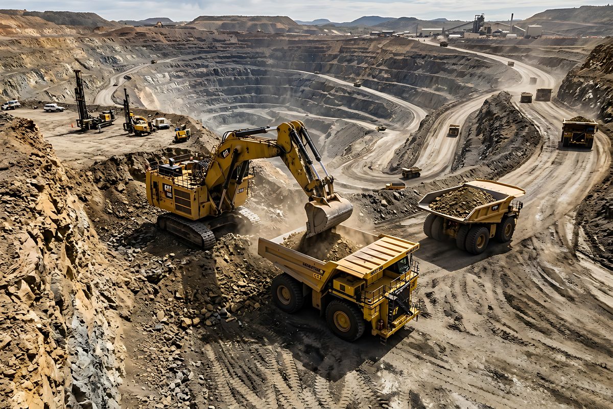 Excavator loading haul trucks inside a large open-pit mine