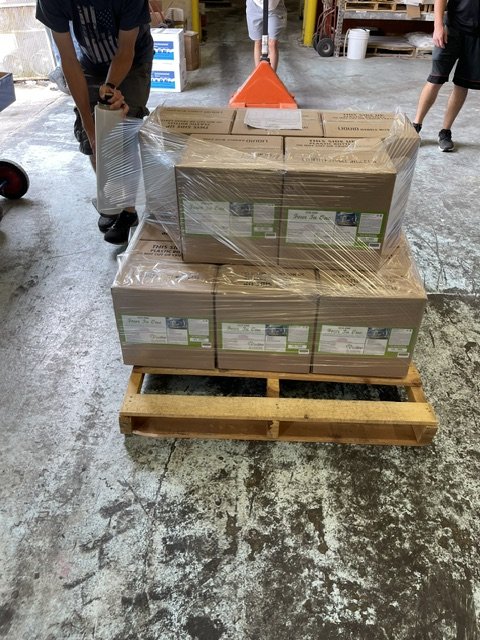 Every pallet is shrink wrapped by hand in our warehouse.